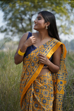 A Beautiful Sunset - Ajrakh Handblock Print Natural Dyed - Mulmul Cotton Saree