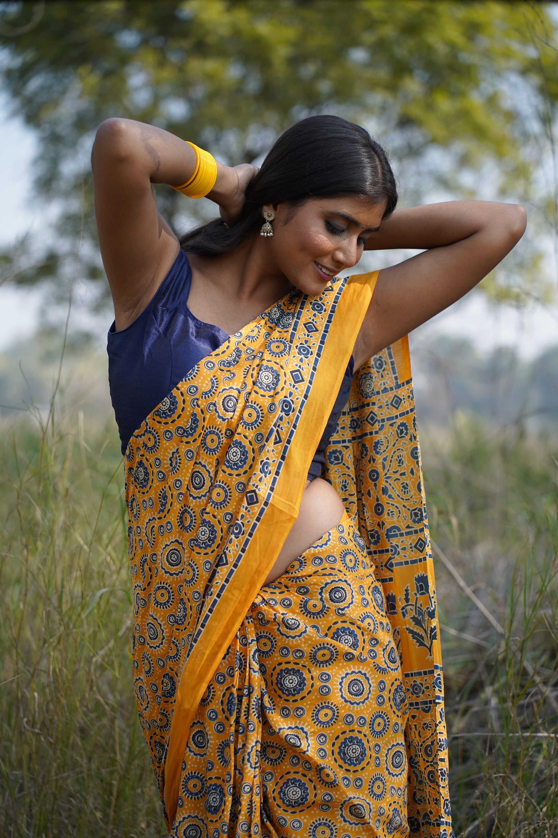 A Beautiful Sunset - Ajrakh Handblock Print Natural Dyed - Mulmul Cotton Saree