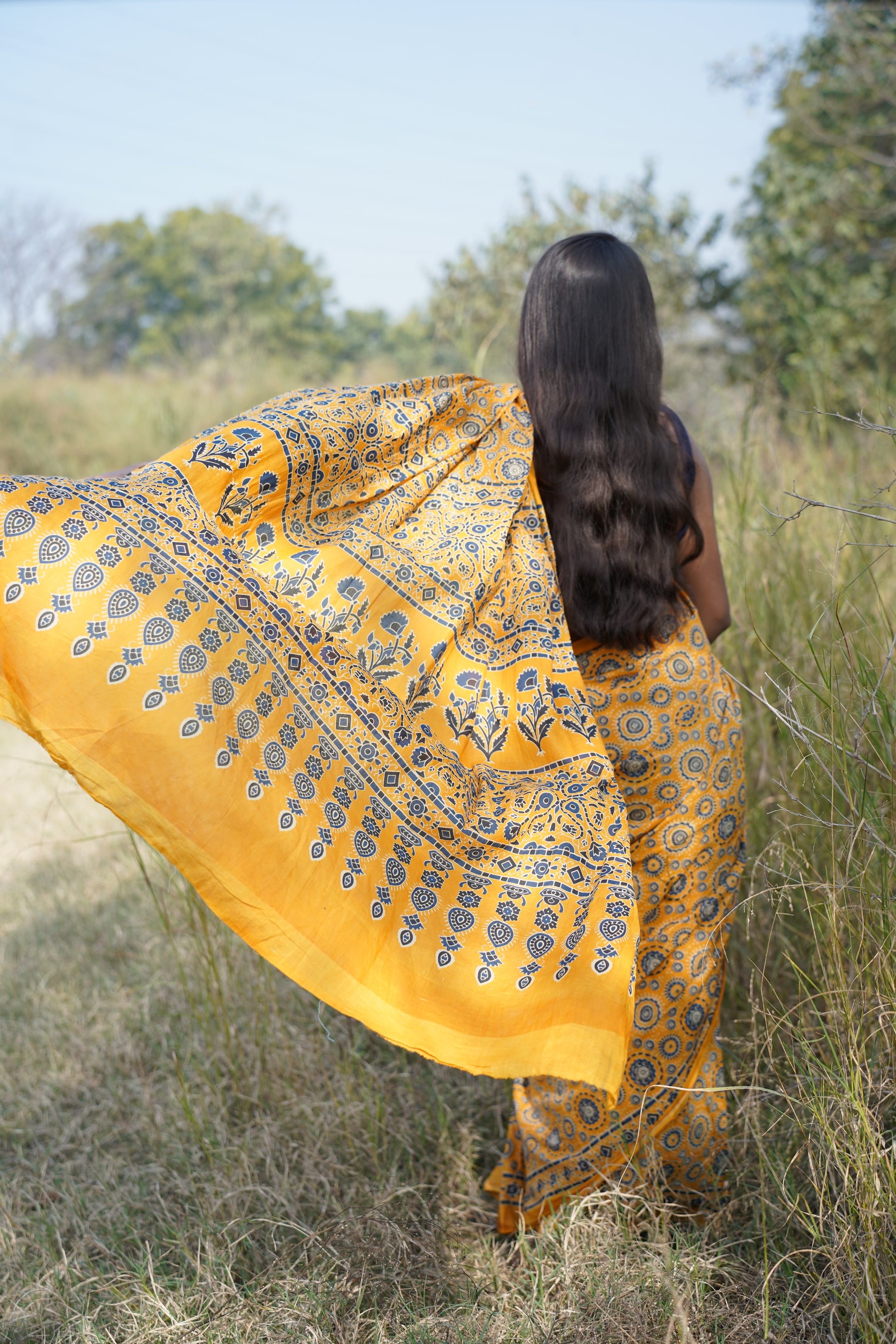 A Beautiful Sunset - Ajrakh Handblock Print Natural Dyed - Mulmul Cotton Saree