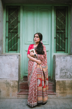 Brick Red Bagru Saree - Handblock Print Natural Dyed - Mulmul Cotton Saree