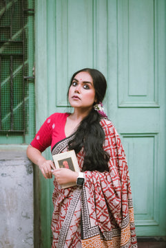 Brick Red Bagru Saree - Handblock Print Natural Dyed - Mulmul Cotton Saree