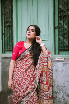 Brick Red Bagru Saree - Handblock Print Natural Dyed - Mulmul Cotton Saree