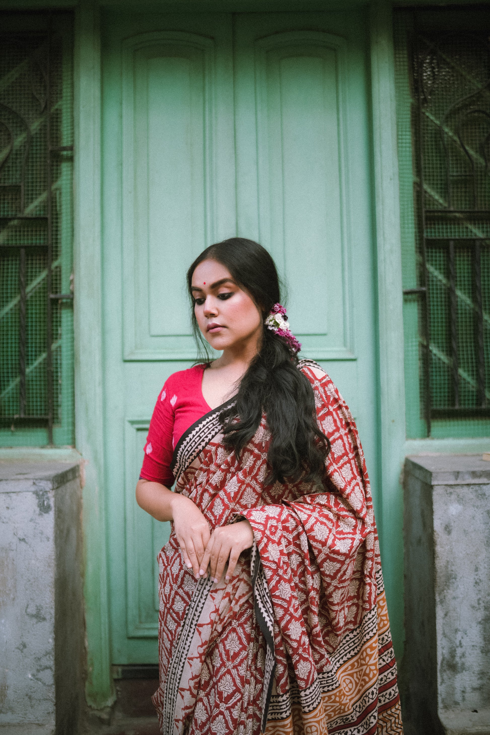 Brick Red Bagru Saree - Handblock Print Natural Dyed - Mulmul Cotton Saree