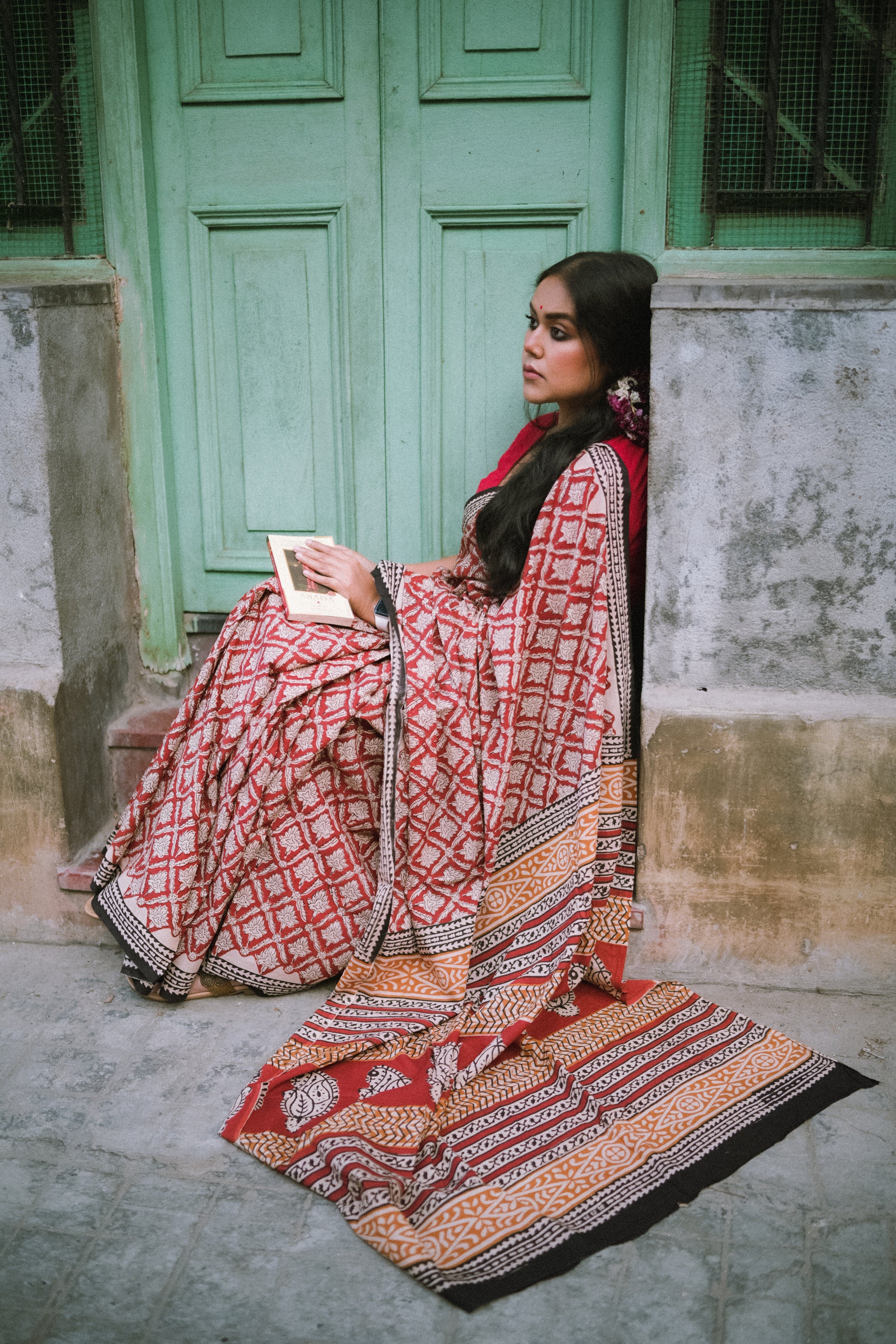 Brick Red Bagru Saree - Handblock Print Natural Dyed - Mulmul Cotton Saree