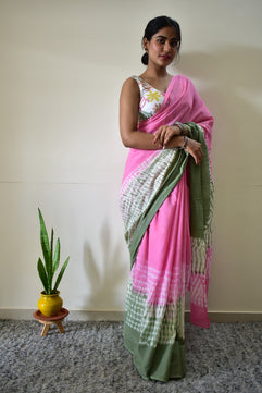 Gulabi Ishq - Tie & Dye Shibori Print Natural Dyed - Mulmul Cotton Saree