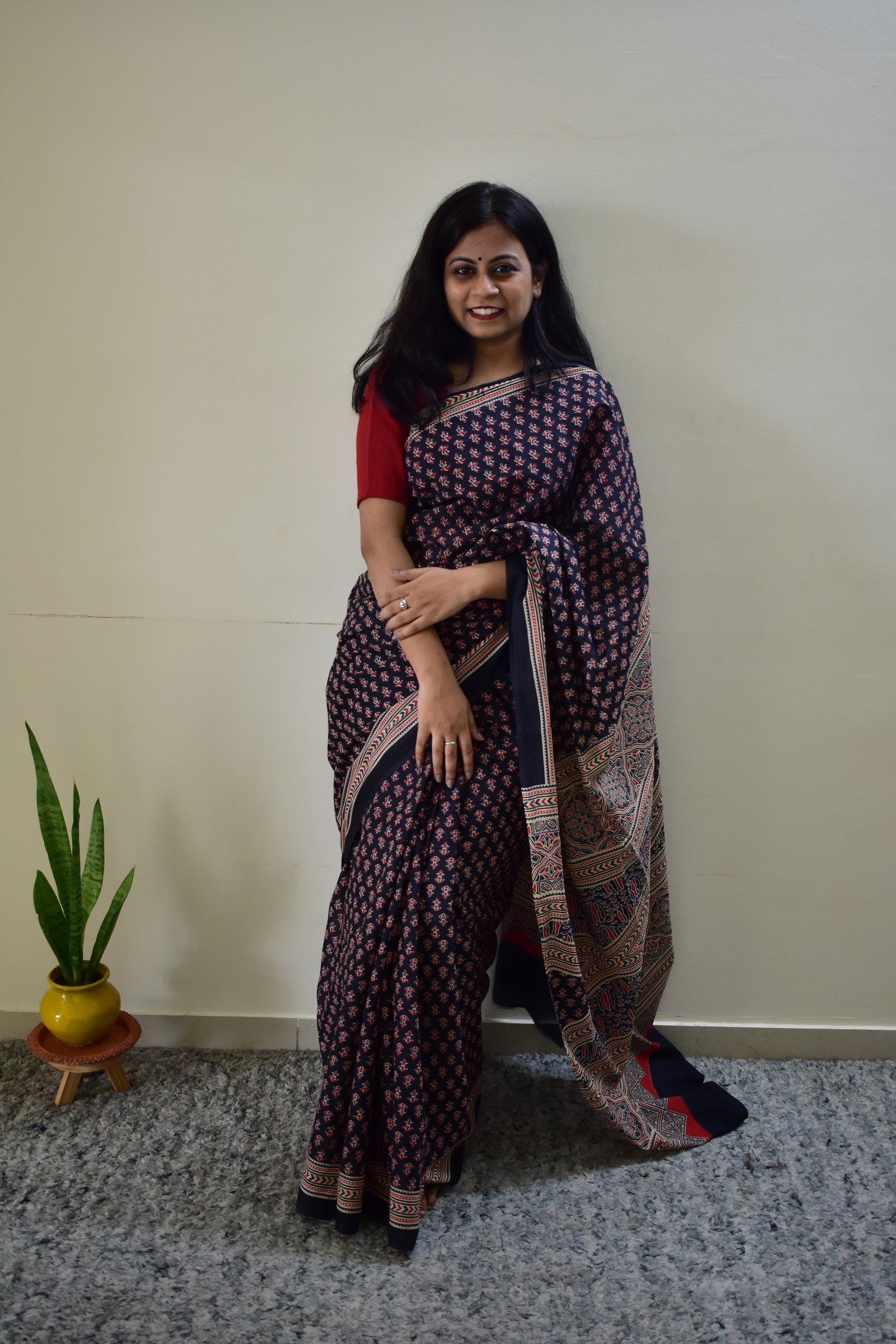 Maa-Si - Black Ajarkh Handblock - Cotton Mulmul Handblock Saree