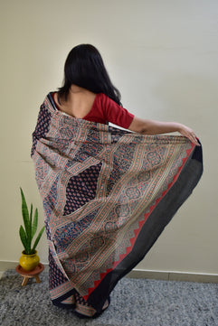 Maa-Si -  Black Ajarkh Handblock - Cotton Mulmul Handblock Saree