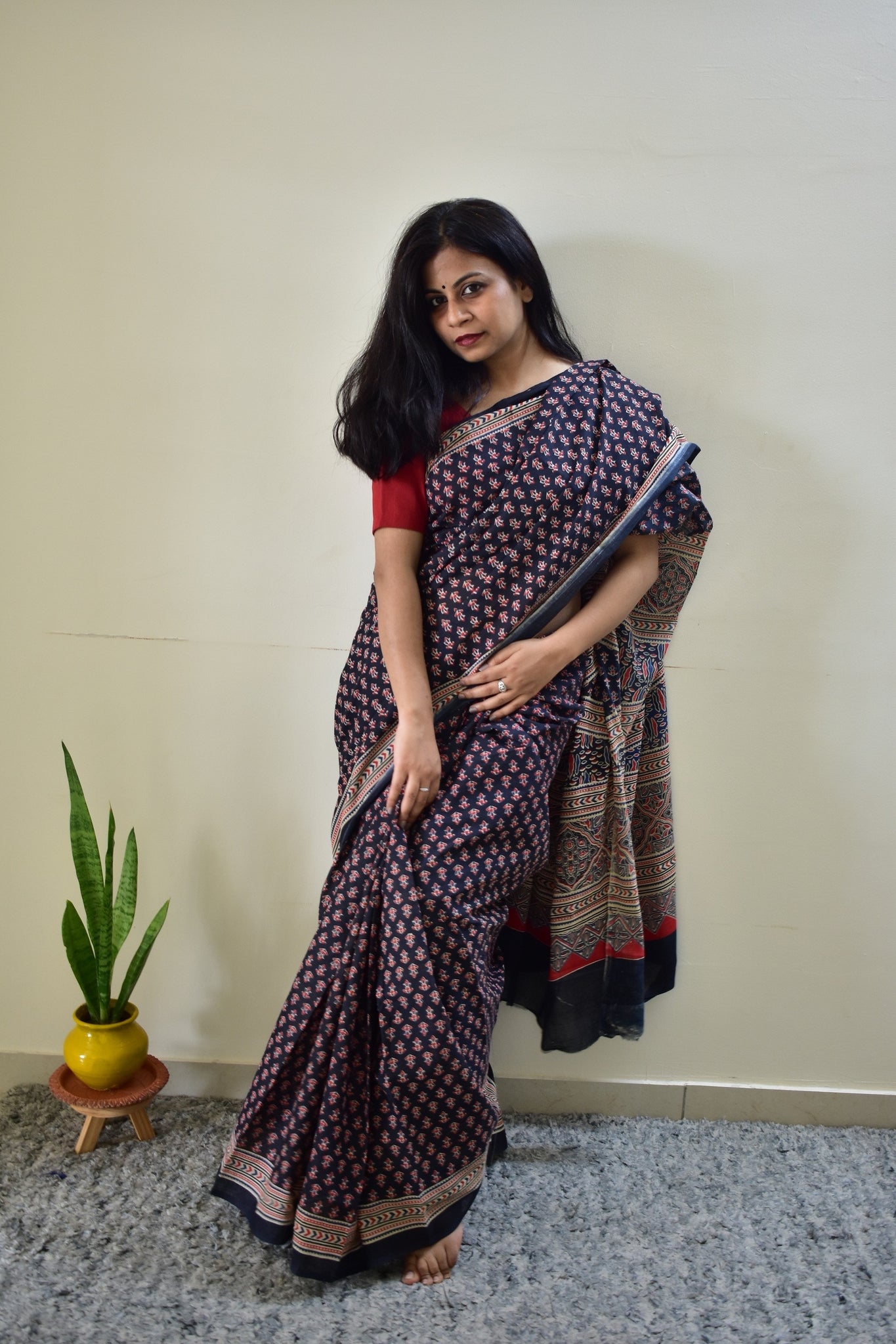 Maa-Si - Black Ajarkh Handblock - Cotton Mulmul Handblock Saree