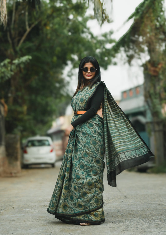 Mahika- Bagru Natural Dyes Handblock Printed - Chanderi Silk Saree