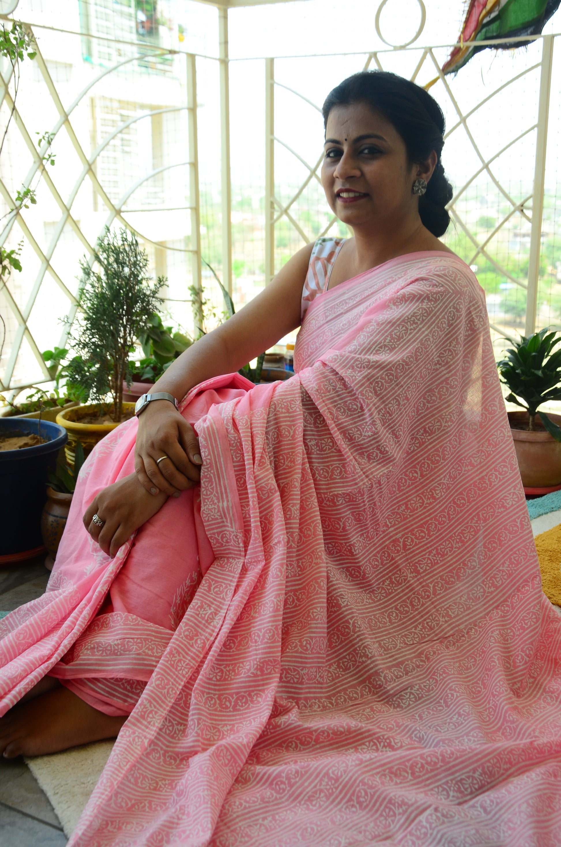 Summer Vacation Collection - Rose Milk- Handblock Print Natural Dyed - Mulmul Cotton Saree