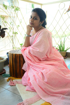 Summer Vacation Collection - Rose Milk- Handblock Print Natural Dyed - Mulmul Cotton Saree