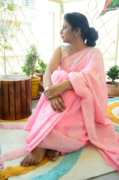 Summer Vacation Collection - Rose Milk- Handblock Print Natural Dyed - Mulmul Cotton Saree