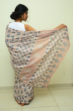 Splashes On The Beach - Handblock Print Natural Dyed - Mulmul Cotton Saree