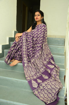 Summer Vacation Collection - Jammun- Handblock Print Natural Dyed - Mulmul Cotton Saree