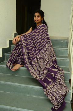 Summer Vacation Collection - Jammun- Handblock Print Natural Dyed - Mulmul Cotton Saree