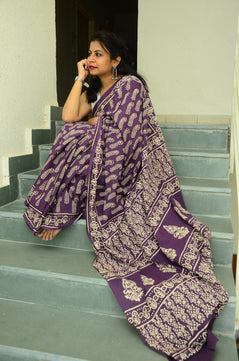 Summer Vacation Collection - Jammun- Handblock Print Natural Dyed - Mulmul Cotton Saree