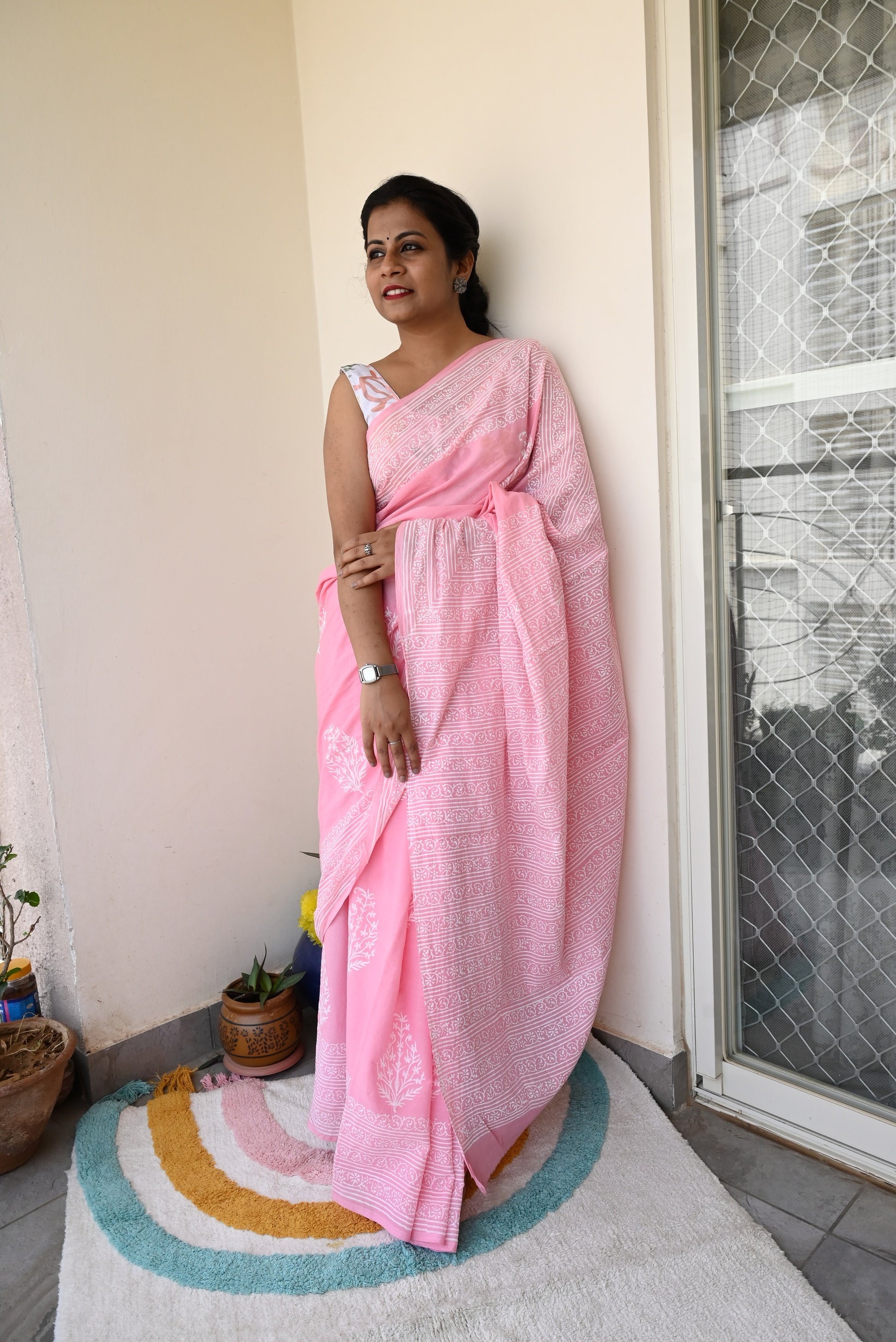 Summer Vacation Collection - Rose Milk- Handblock Print Natural Dyed - Mulmul Cotton Saree