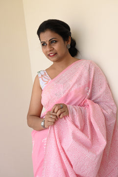 Summer Vacation Collection - Rose Milk- Handblock Print Natural Dyed - Mulmul Cotton Saree