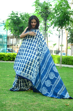 Inspired by Clouds - Indigo Collection - Cotton Mulmul Dabu Saree