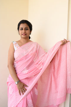 Summer Vacation Collection - Rose Milk- Handblock Print Natural Dyed - Mulmul Cotton Saree