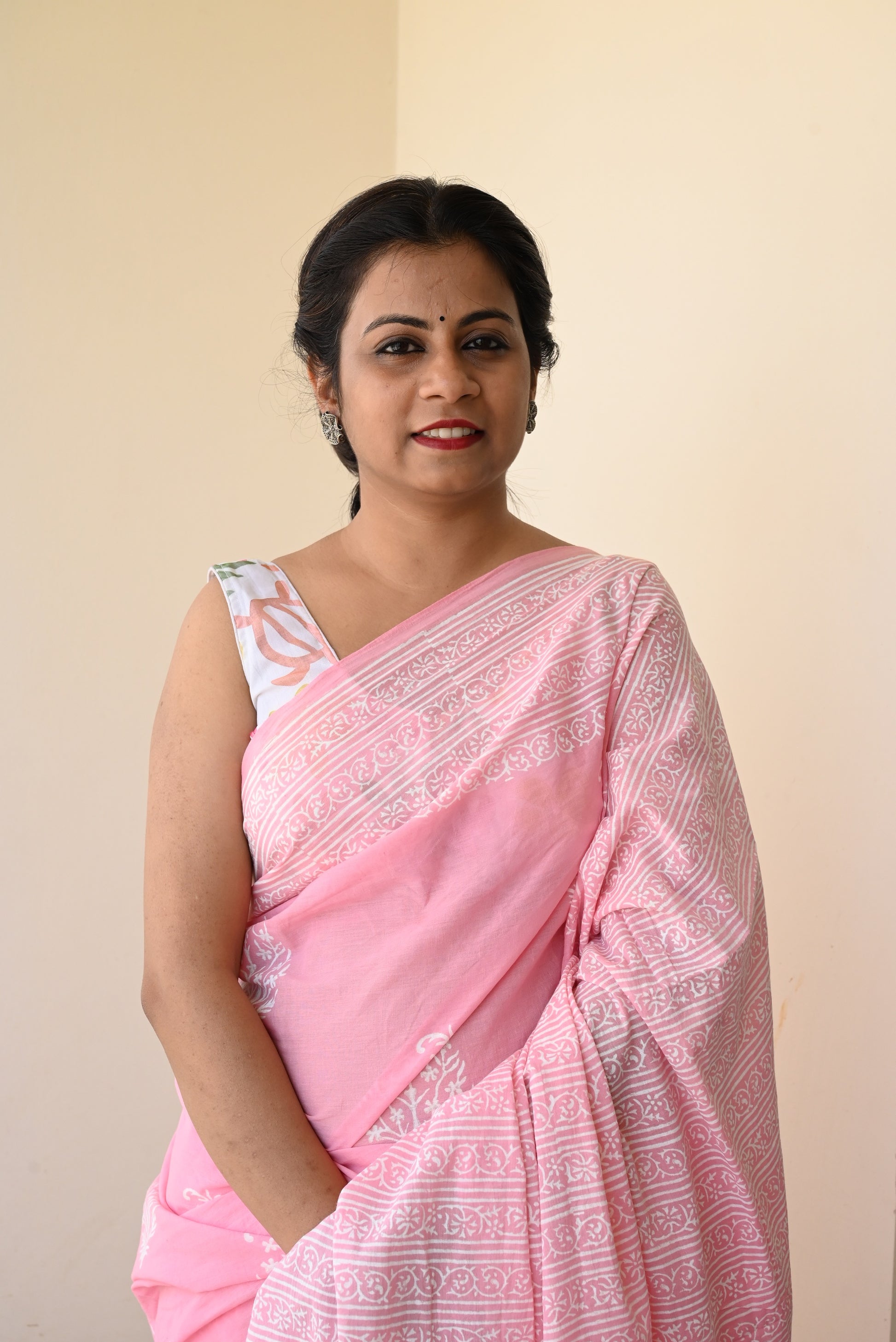 Summer Vacation Collection - Rose Milk- Handblock Print Natural Dyed - Mulmul Cotton Saree