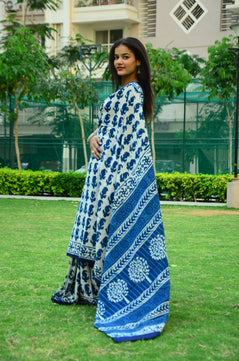 Inspired by Clouds - Indigo Collection - Cotton Mulmul Dabu Saree