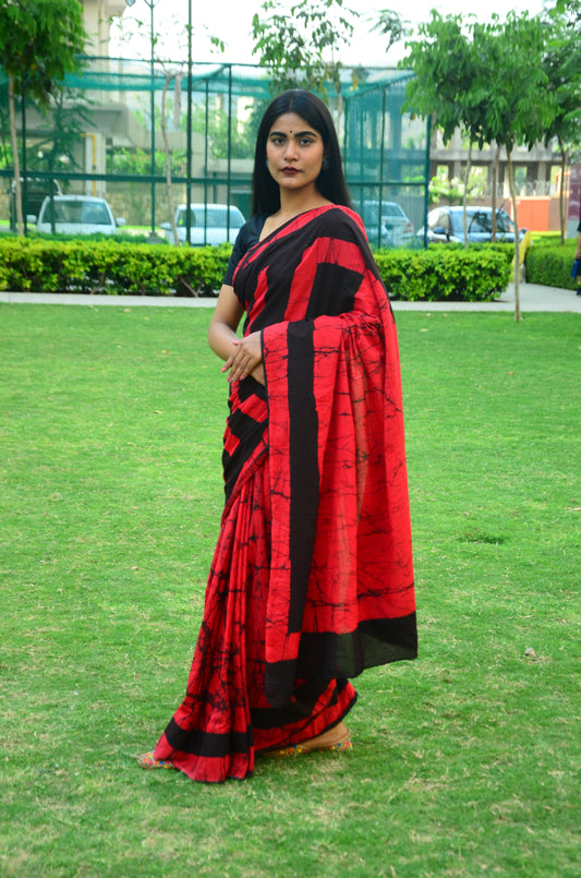 Fire in the Sky - Red Batik Cotton Mulmul Handblock Saree