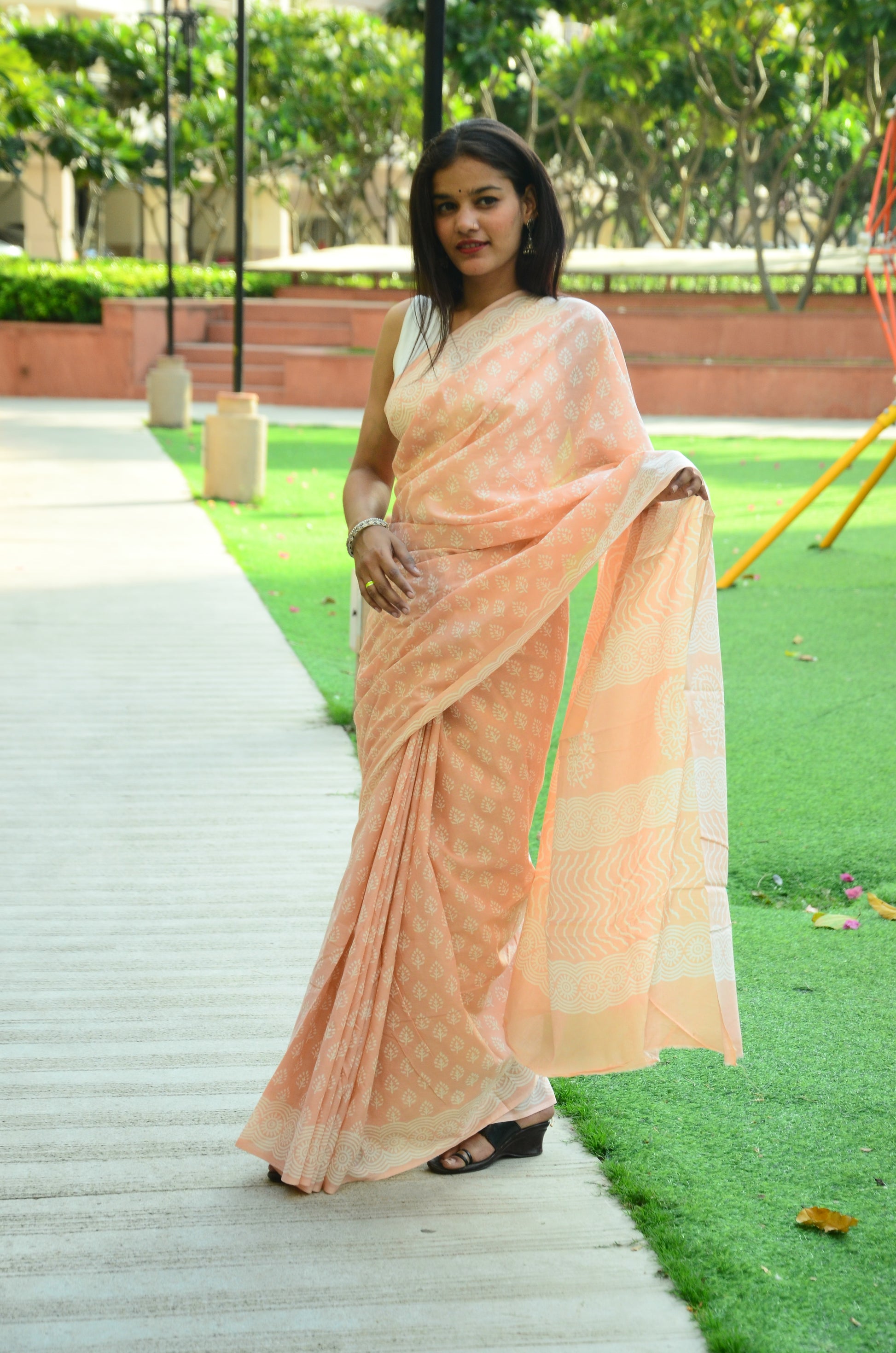 Pearls -Handblock Print Natural Dyed - Mulmul Cotton Saree