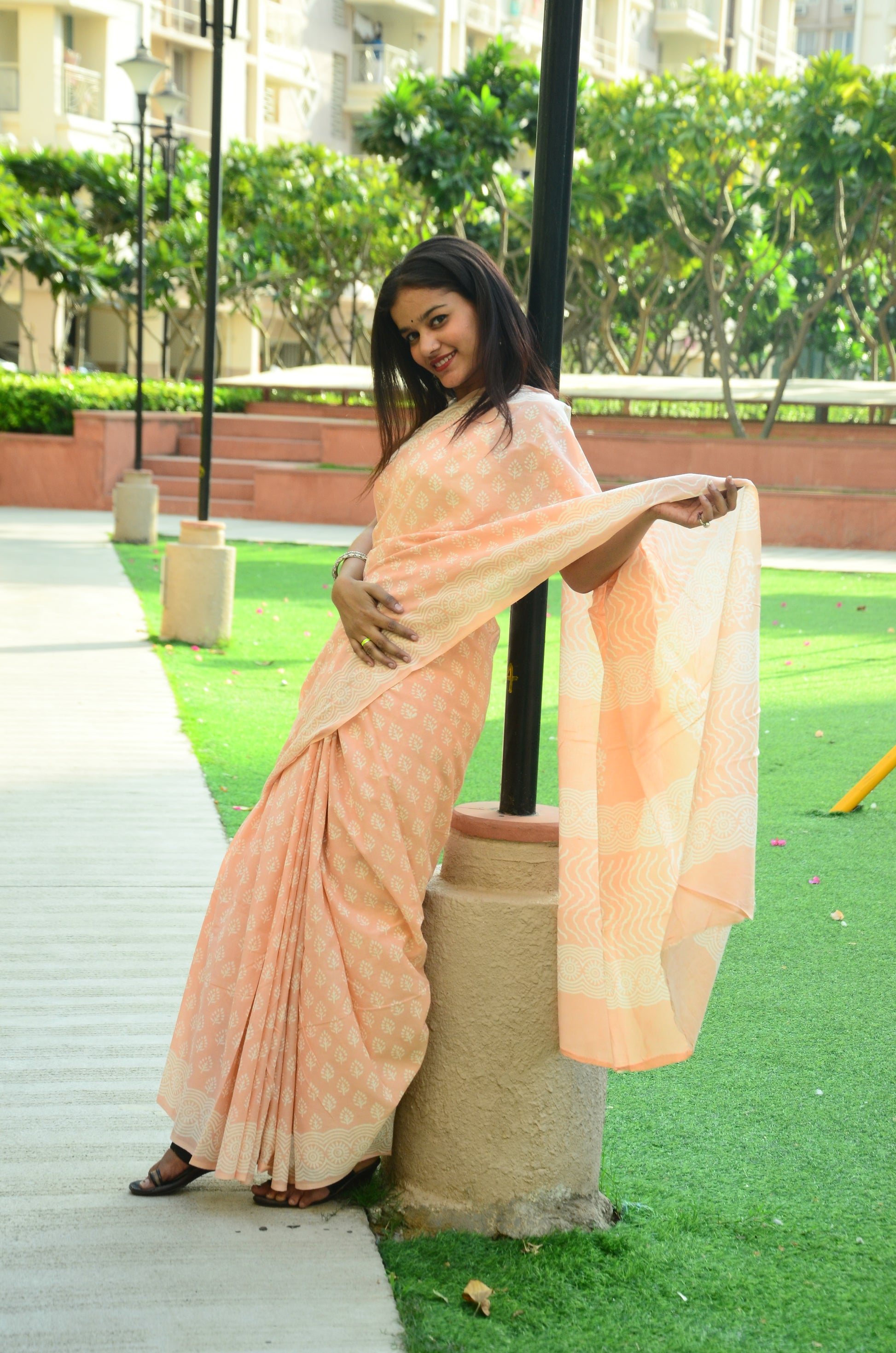 Pearls -Handblock Print Natural Dyed - Mulmul Cotton Saree