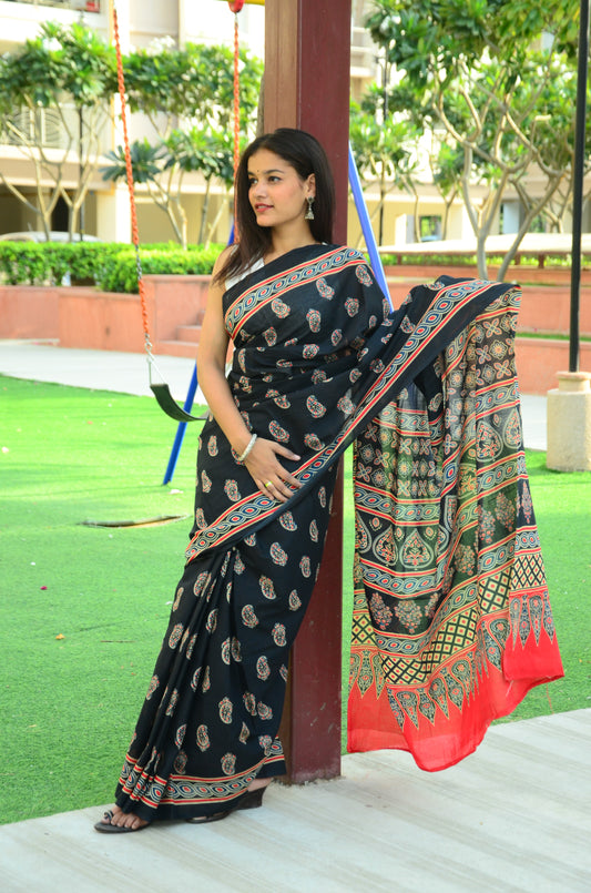 Black Ajrakh - Cotton Mulmul Handlock Saree