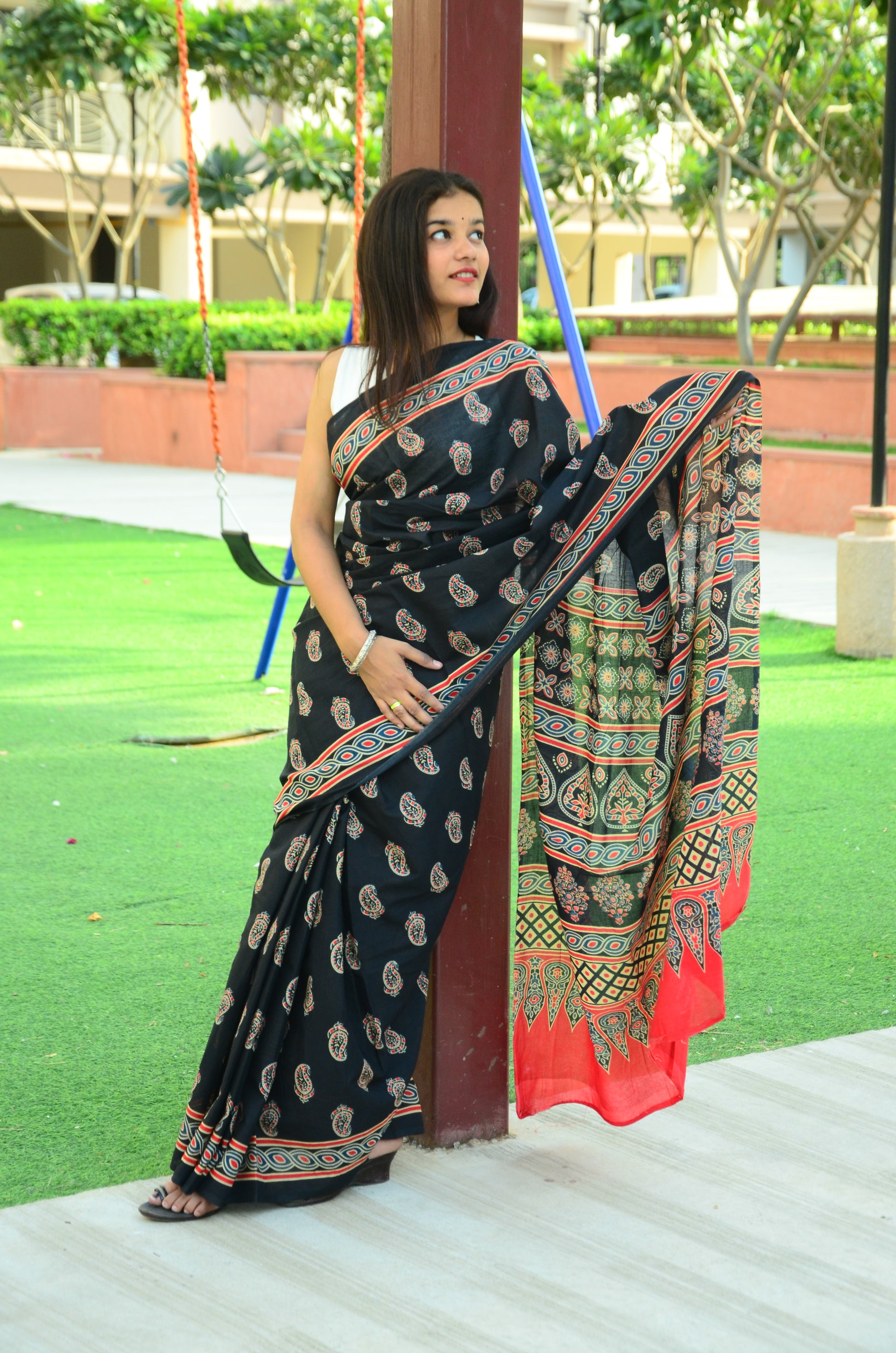 Black Ajrakh - Cotton Mulmul Handlock Saree