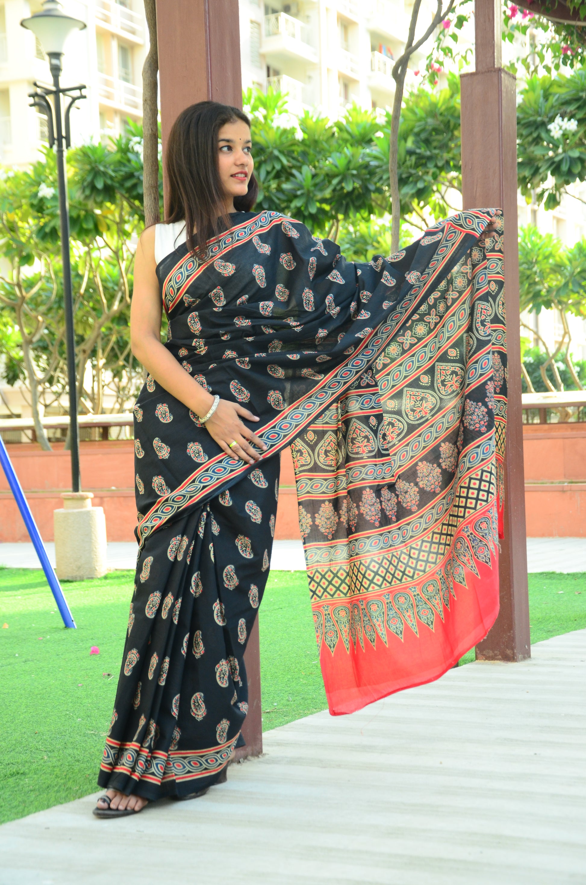 Black Ajrakh - Cotton Mulmul Handlock Saree