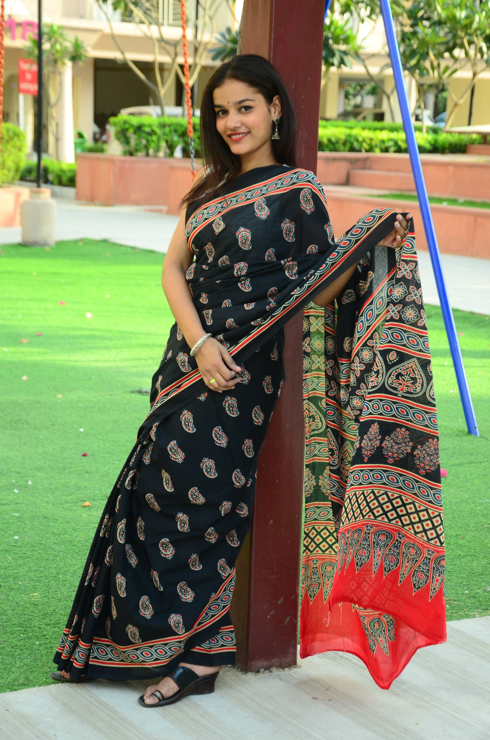 Black Ajrakh - Cotton Mulmul Handlock Saree