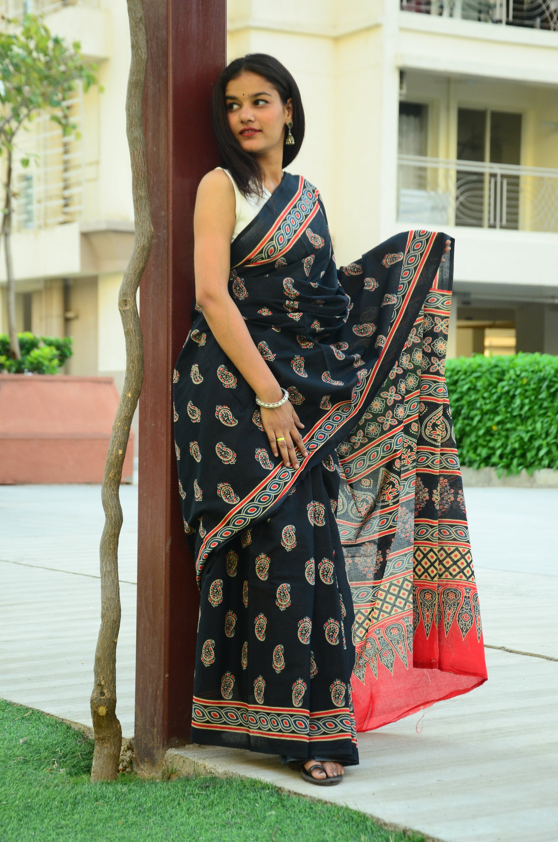 Black Ajrakh - Cotton Mulmul Handlock Saree