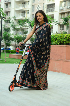 Black Ajrakh - Cotton Mulmul Handlock Saree