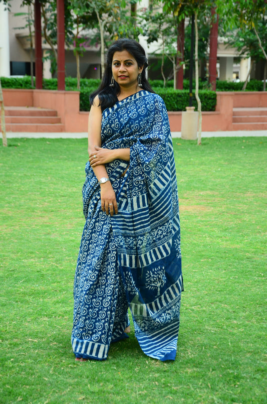 Dreamcatcher - Indigo Collection - Cotton Mulmul Dabu Saree