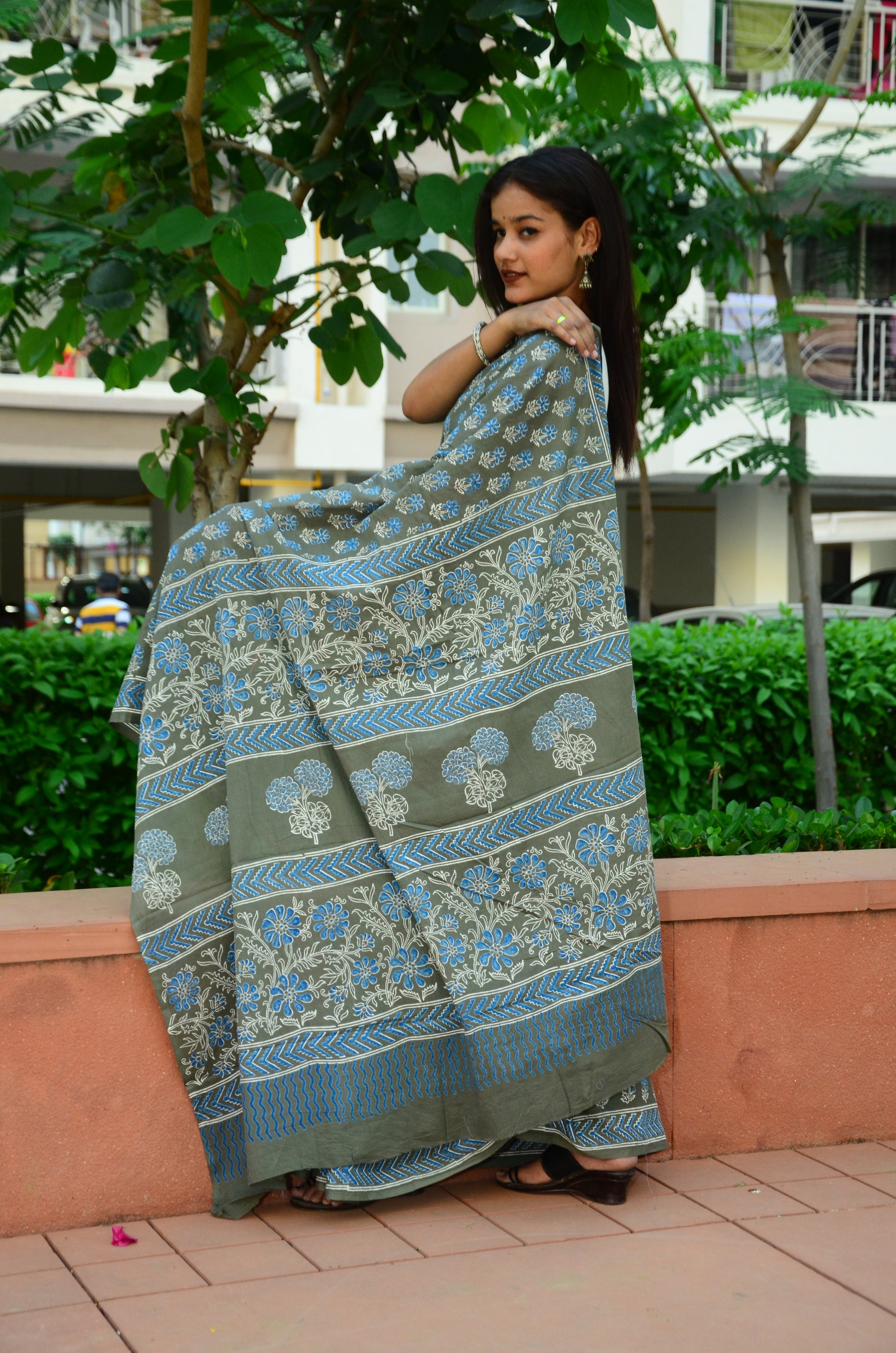 Foresta- Handblock Print Natural Dyed - Mulmul Cotton Saree