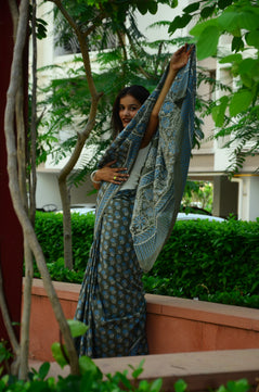 Foresta- Handblock Print Natural Dyed - Mulmul Cotton Saree