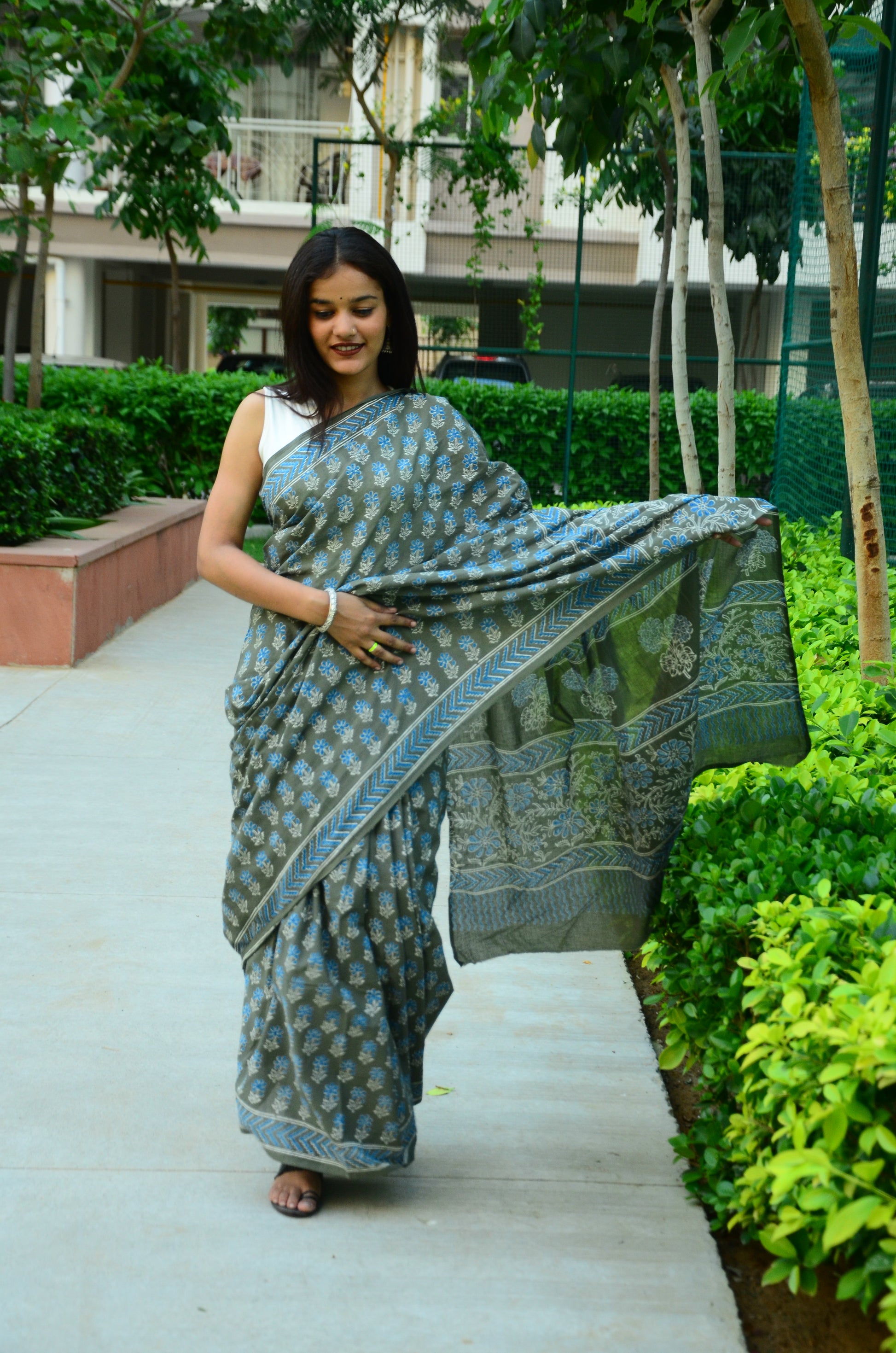 Foresta- Handblock Print Natural Dyed - Mulmul Cotton Saree