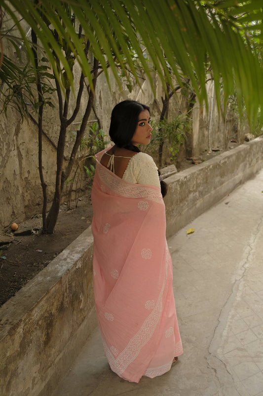 Peach Rose - Handblock Print Natural Dyed - Peach Mulmul Cotton Saree