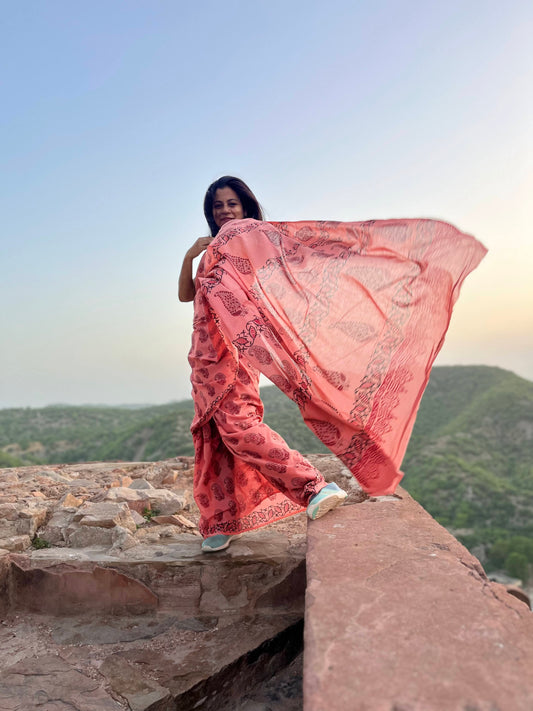 Jaipur Pink - Handblock Print Natural Dyed - Mulmul Cotton Saree