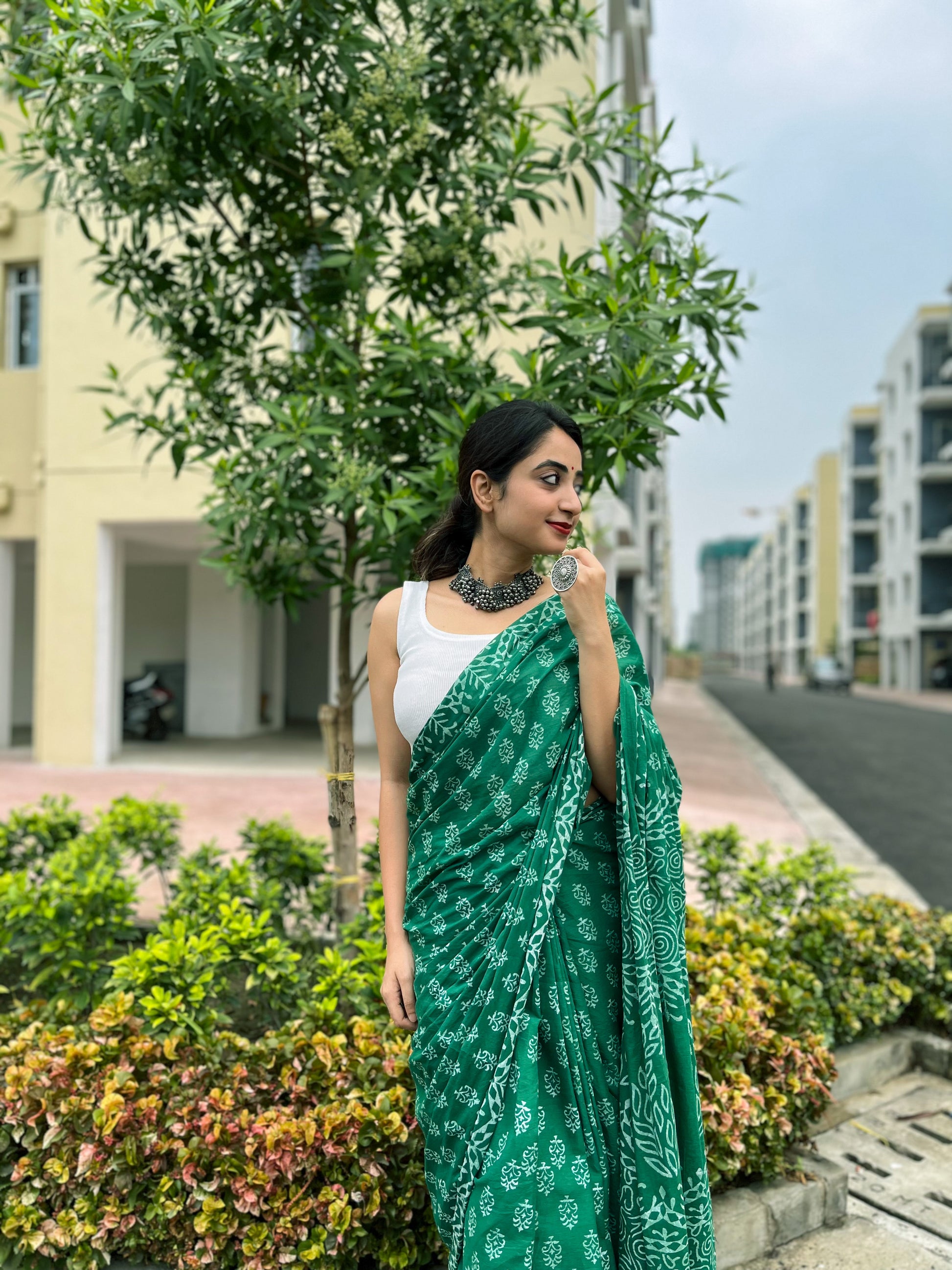 Hari Bhari - Handblock Print Natural Dyed - Mulmul Cotton Saree