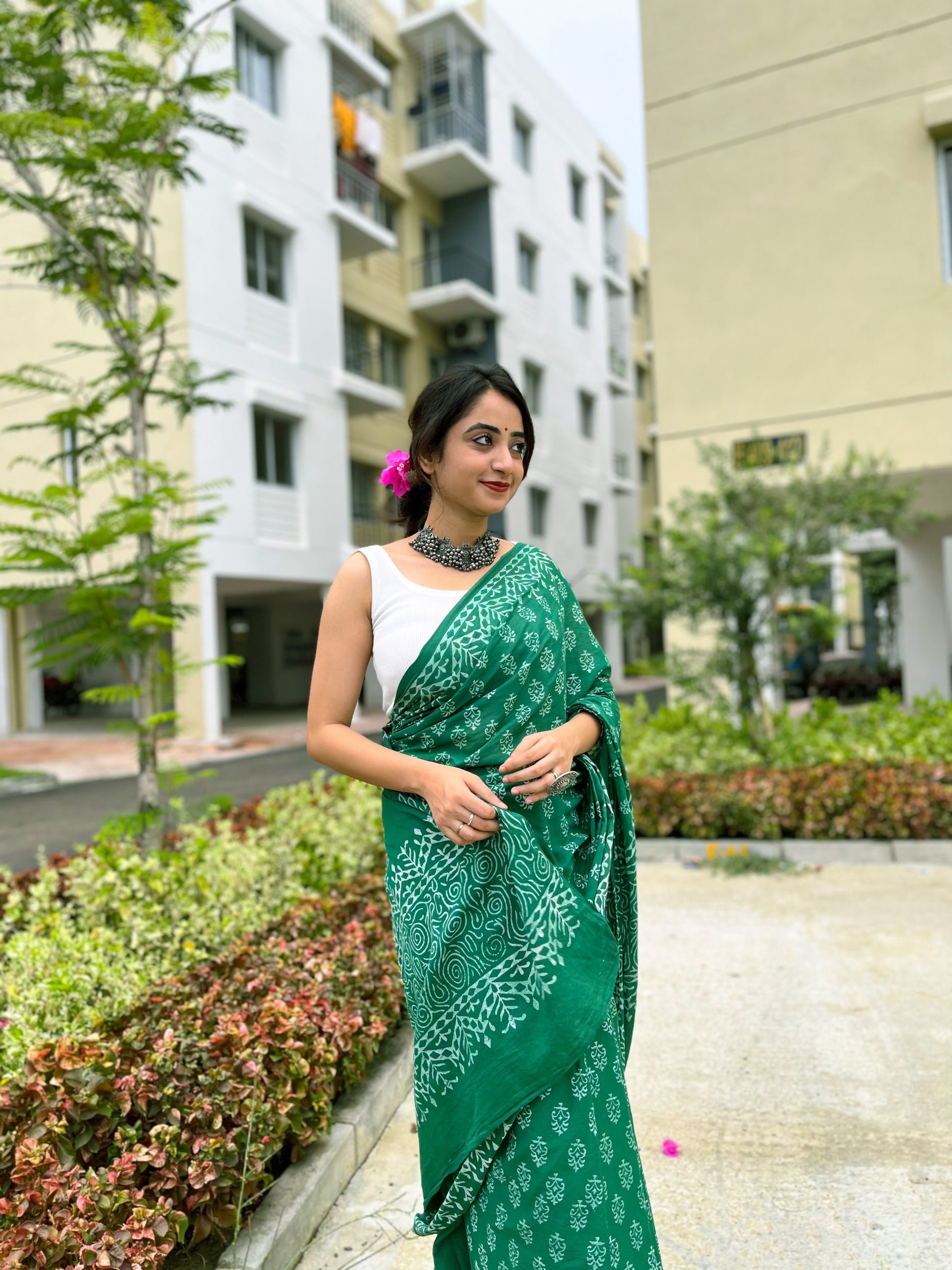 Hari Bhari - Handblock Print Natural Dyed - Mulmul Cotton Saree