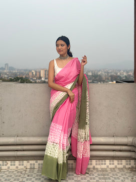 Gulabi Ishq - Tie & Dye Shibori Print Natural Dyed - Mulmul Cotton Saree