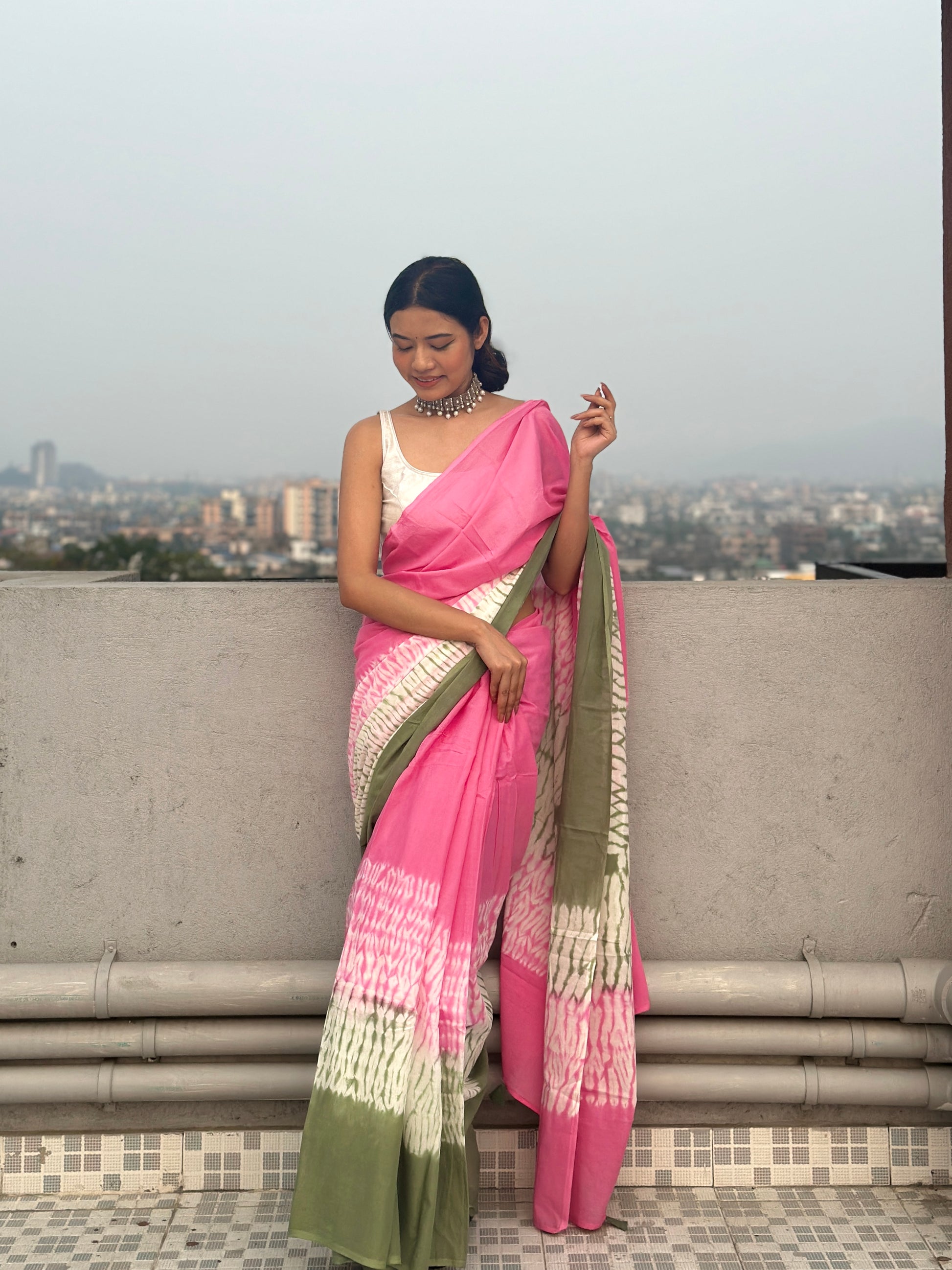 Gulabi Ishq - Tie & Dye Shibori Print Natural Dyed - Mulmul Cotton Saree