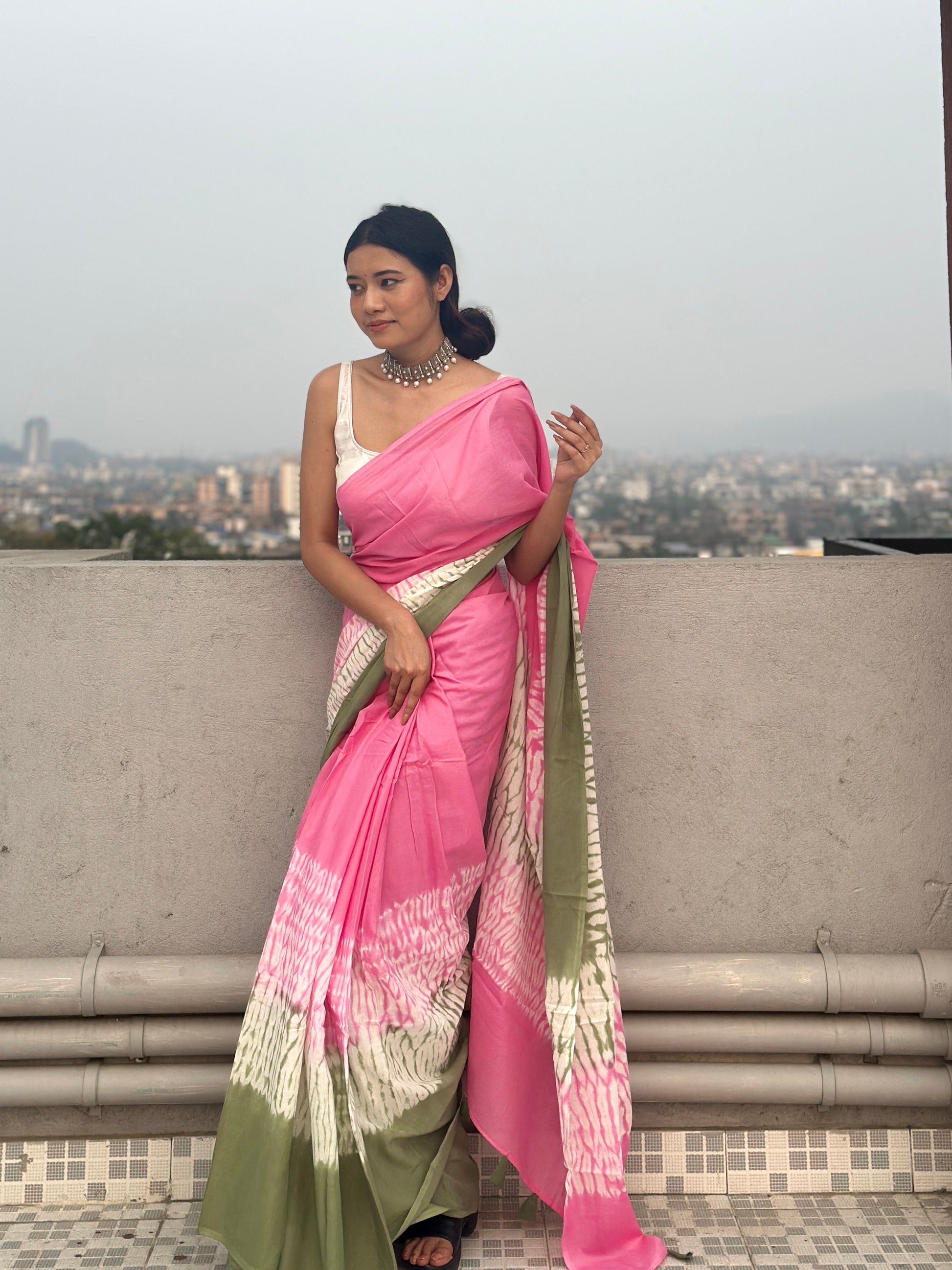 Gulabi Ishq - Tie & Dye Shibori Print Natural Dyed - Mulmul Cotton Saree