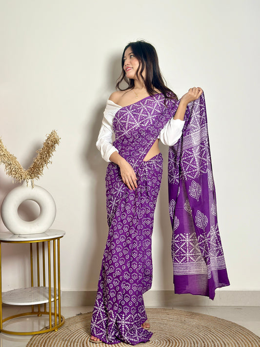 Old School Romance Handblock Print Natural Dyed - Purple Mulmul Cotton Saree