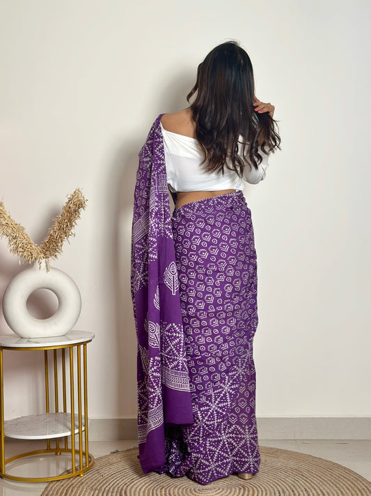 Old School Romance Handblock Print Natural Dyed - Purple Mulmul Cotton Saree