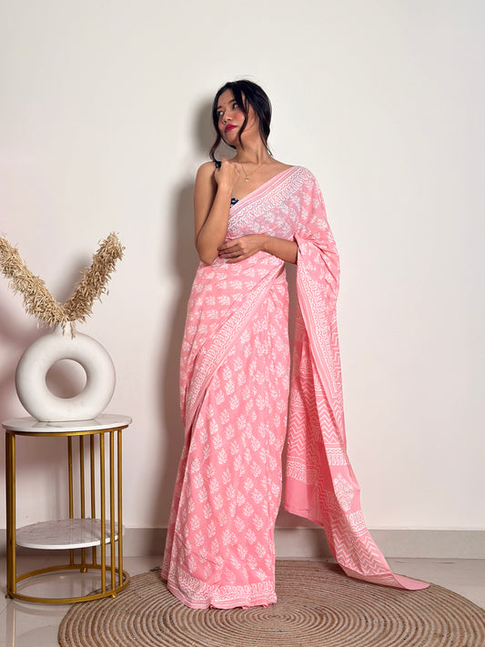 Summer Vacation Collection - Peachy Pink- Handblock Print Natural Dyed - Mulmul Cotton Saree