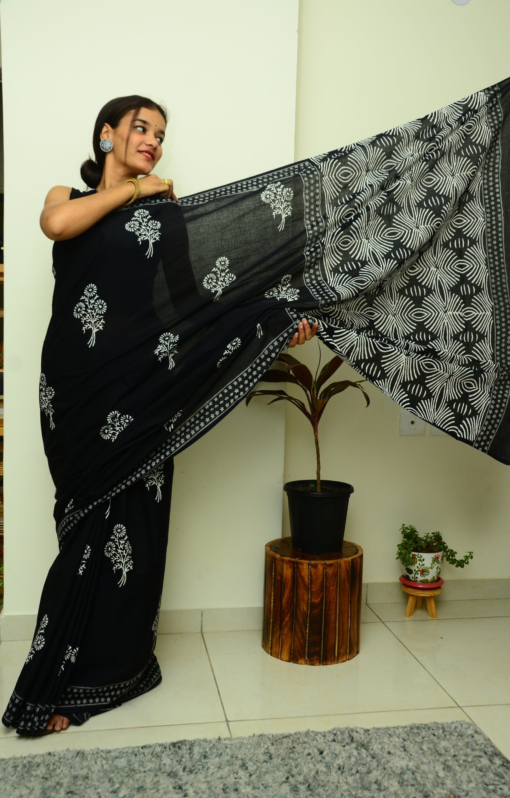 A Date Night: Black - Handblock Print Natural Dyed - Mulmul Cotton Saree